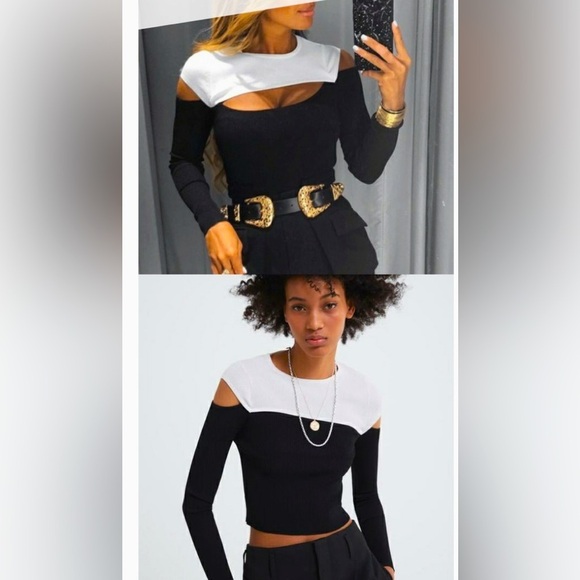 Zara Black White Colorblock Long Sleeve Top cut out  M Ribbed Knit Tee Blockout - Picture 1 of 4